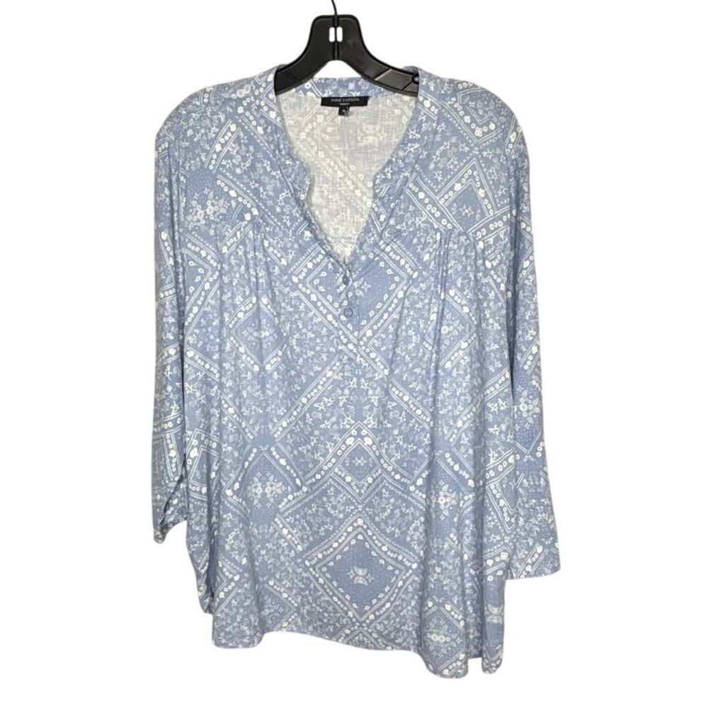 Anne Carson Women Bandana Paisley Blue Linen Blend 3/4 Sleeve Top size 1XL